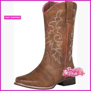 Women's Faux Leather Western Cowboy Boots Square Toe Embroidered Mid Calf